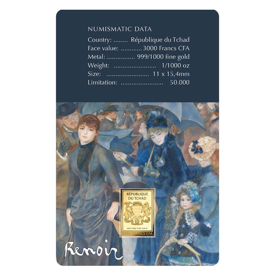 Renoir The Umbrellas 1/1000 Oz Gold Coin 3000 Francs Chad 2024