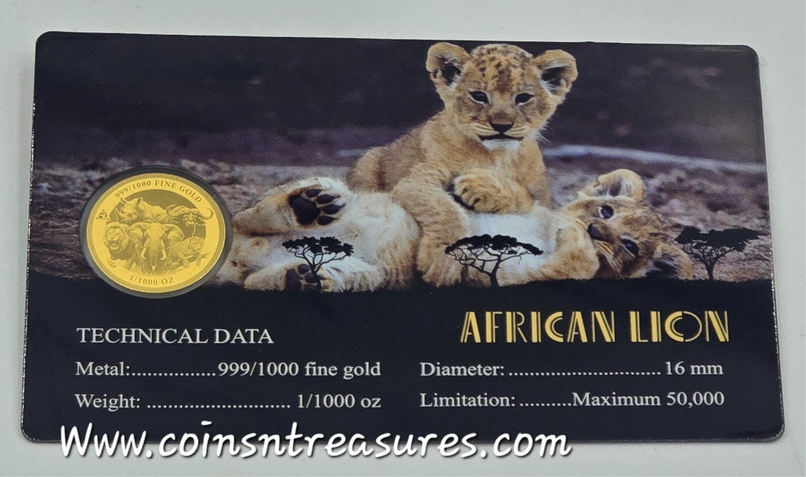 AFRICAN LION 1/1000 Oz Gold 999 Coin in Card