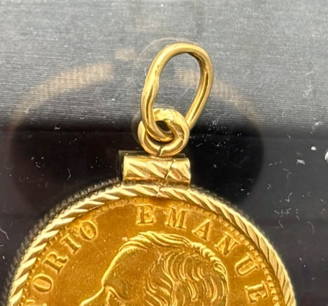 1877 Italy 20 Lire 90% Gold Coin in 14kt Yellow Gold Bezel Pendant 5mm Bale