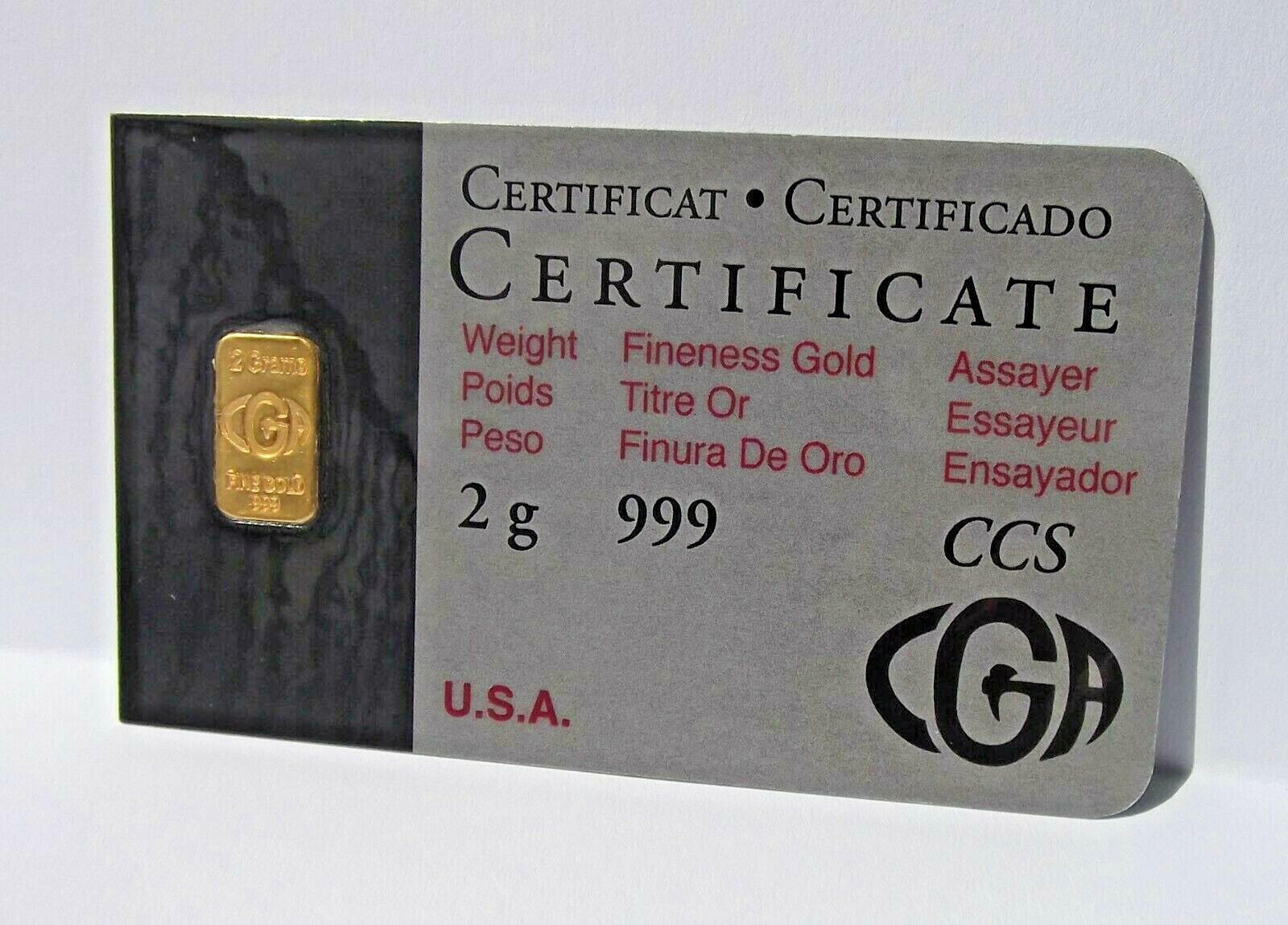 2 GRAM G 24K GOLD BAR CGA BULLION 9999 NORTH AMERICAN EDITION IN ASSAY CARD
