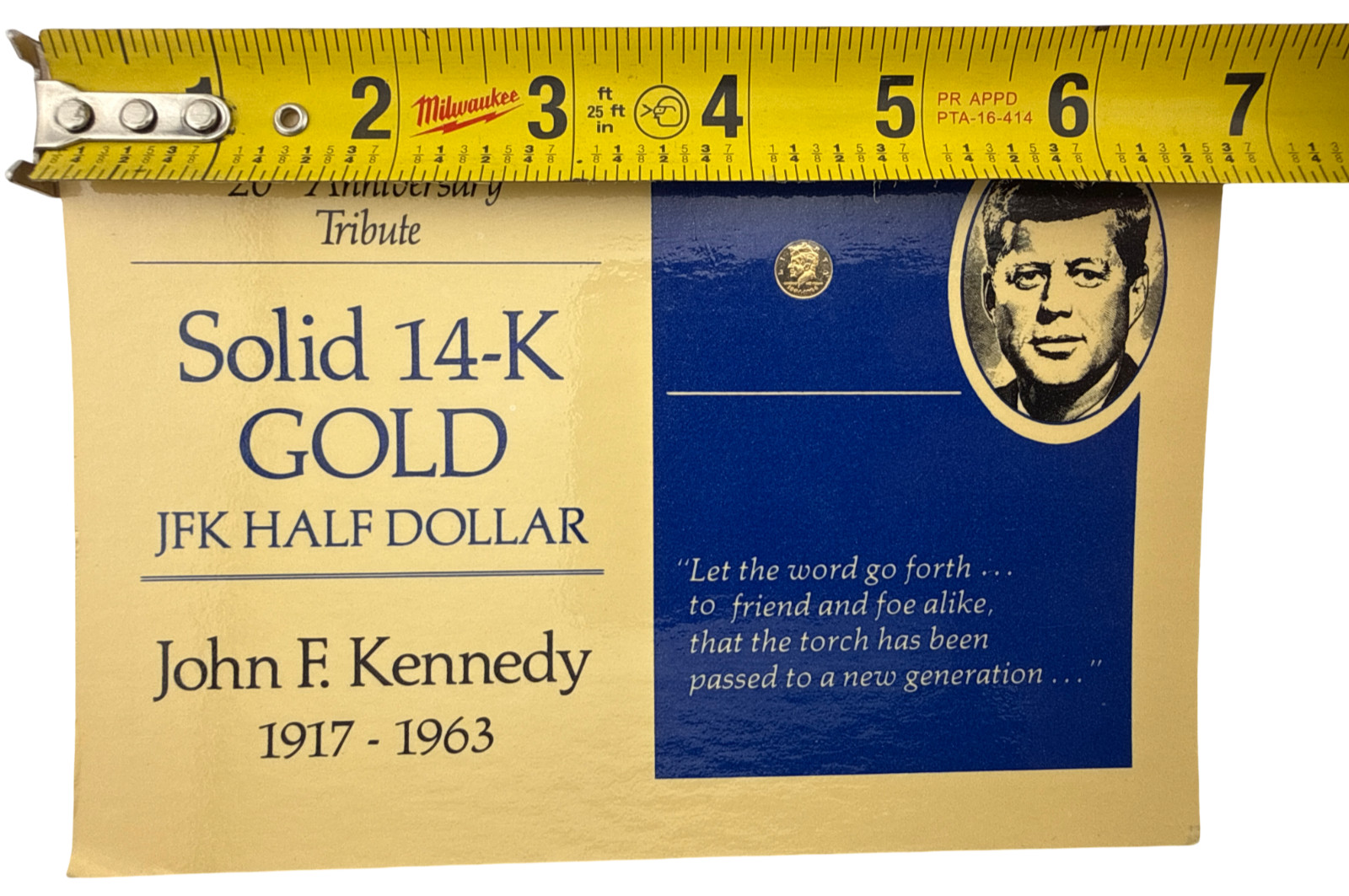 JFK 20TH ANNIVERSARY TRIBUTE SOLID 14K GOLD HALF DOLLARS COA ( ON CARD BACK)