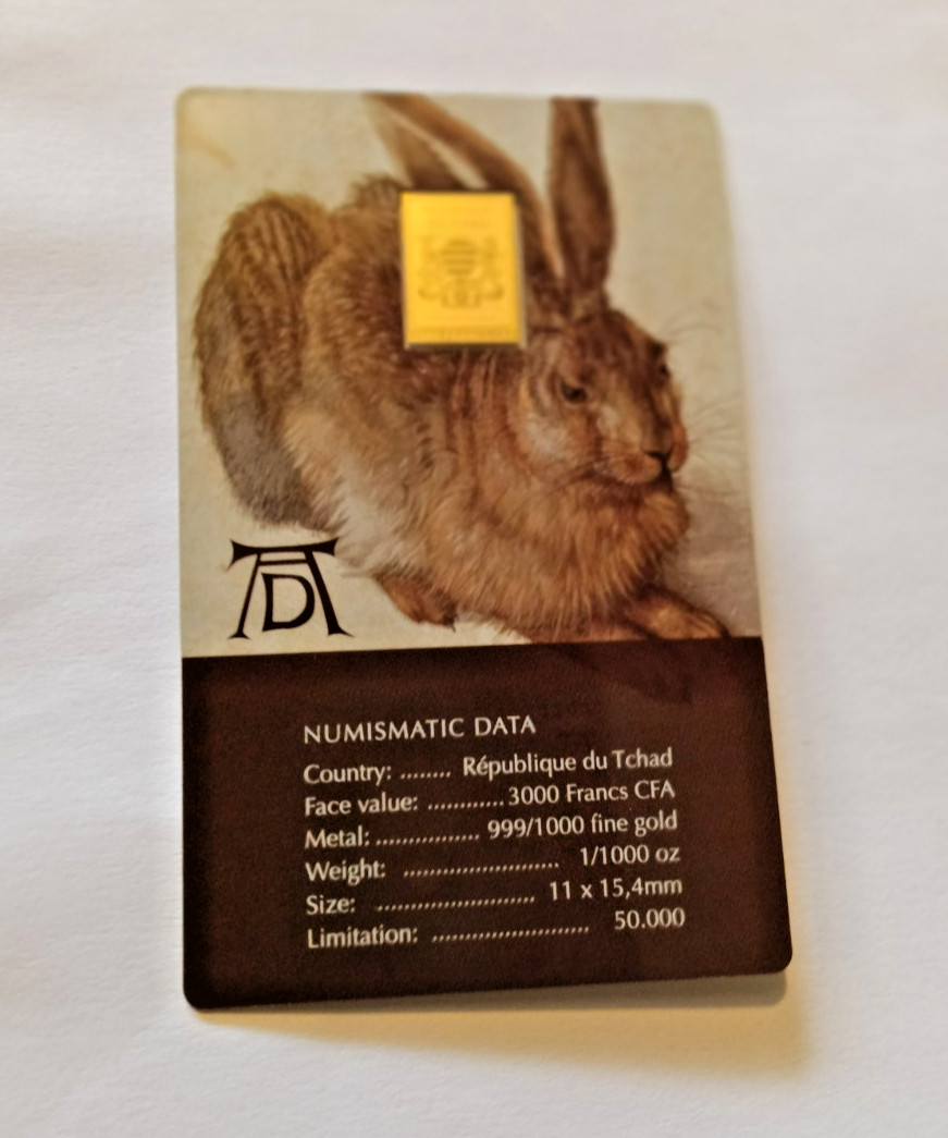 YOUNG HARE BY ALBRECHT DUER 1/1000th OZ GOLD COIN BAR DIRECT FROM PRIMUS MINT