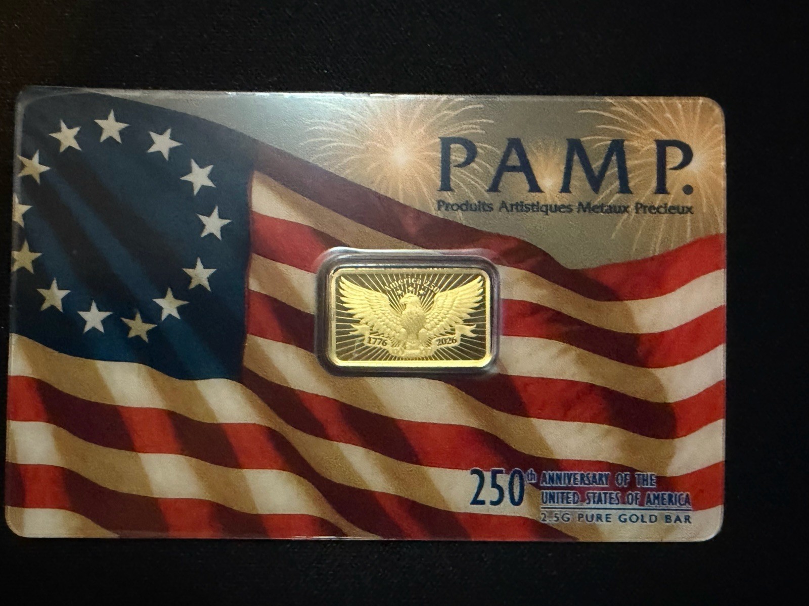 PAMP 2.5g .9999 Fine Gold Bar 250th Anniversary in Assay Card