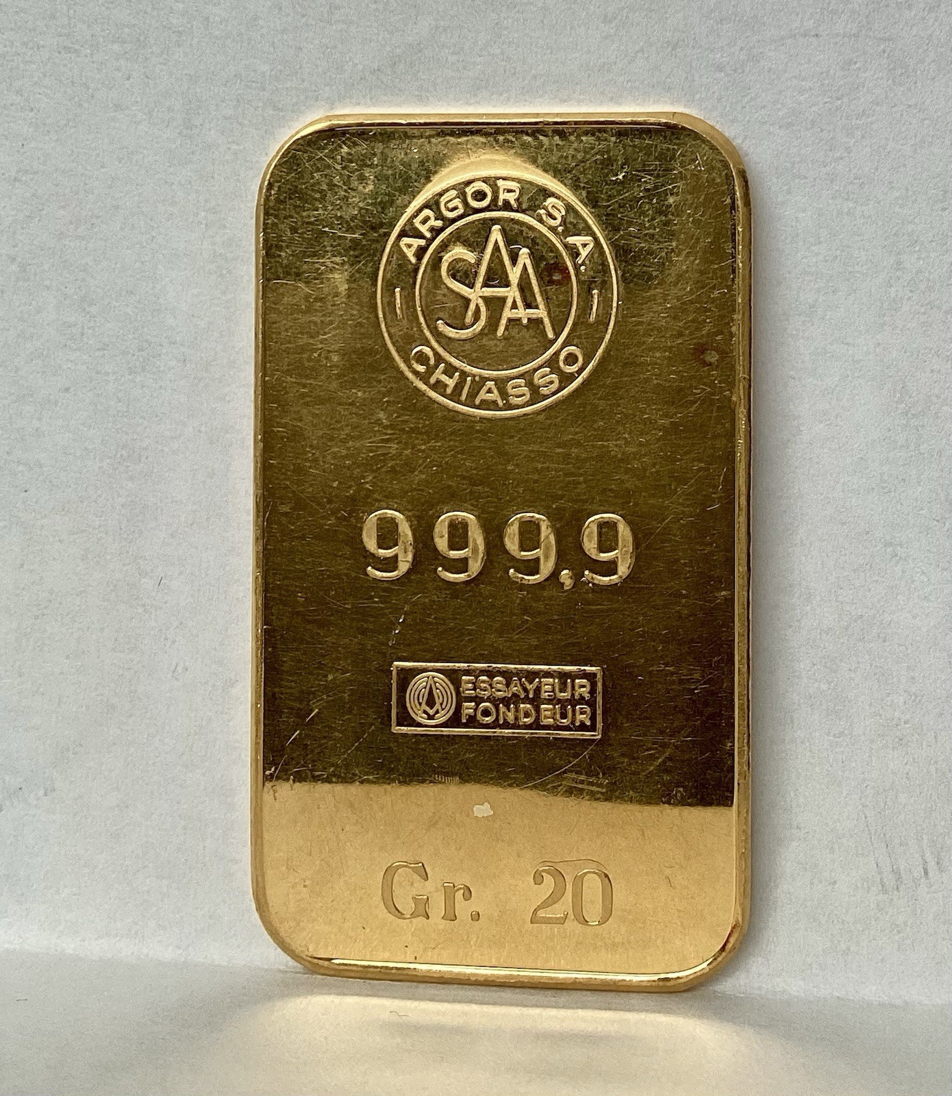 Vintage Argor SA Chiasso 20 Gram 999.9 Gold Bar