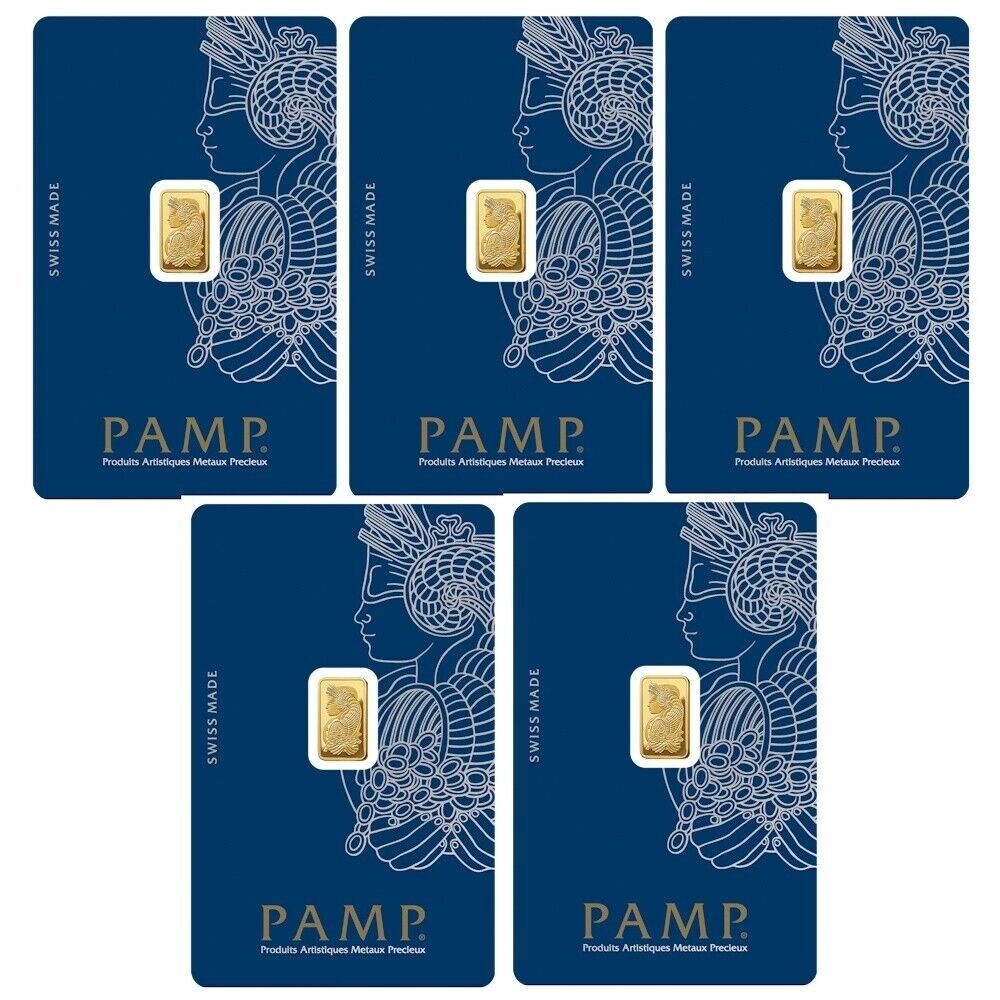 Lot of 5 – 1 gram Gold Bar PAMP Suisse Fortuna .9999 Fine Gold – In Sealed Assay