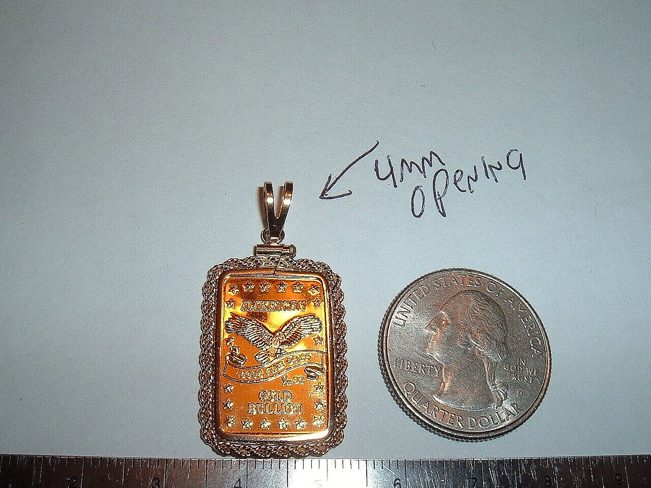 1/10 oz 24K GOLD 999.9 FINE INGOT BAR w / 14K ROPE BEZEL PENDANT CHAIN NECKLACE