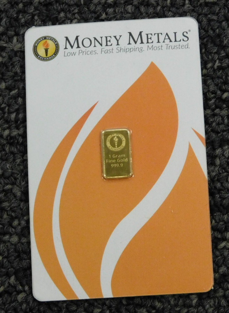 MONEY METALS 1 GRAM 999.9 GOLD BAR, HERMETICALLY SEALED ON SERIALIZED CARD!