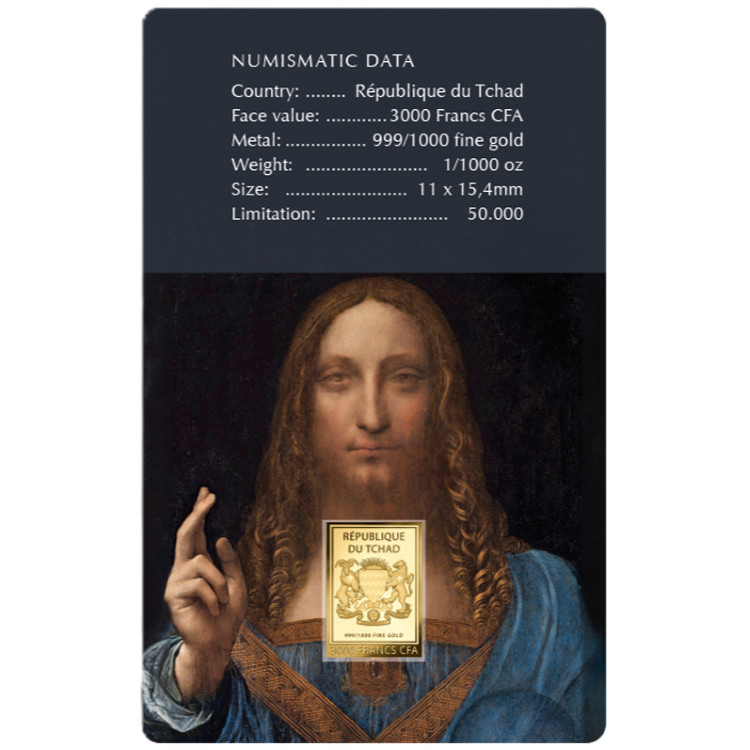 Chad Leonardo da Vinci Salvator Mundi 1/1000oz 999 Gold Coin in Themed Card