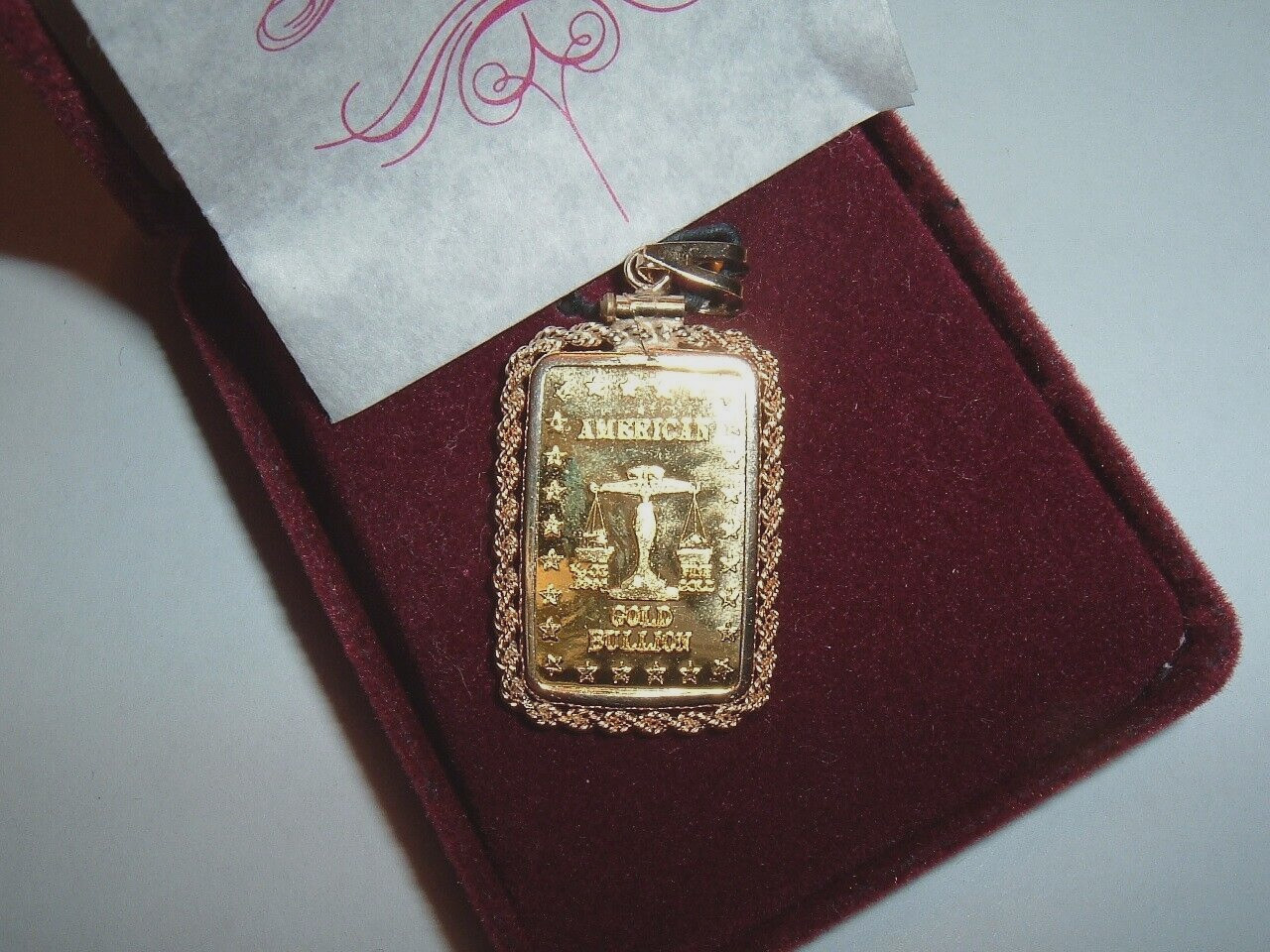 1/10 oz 24K GOLD 999.9 FINE INGOT BAR w / 14K ROPE BEZEL PENDANT CHAIN NECKLACE