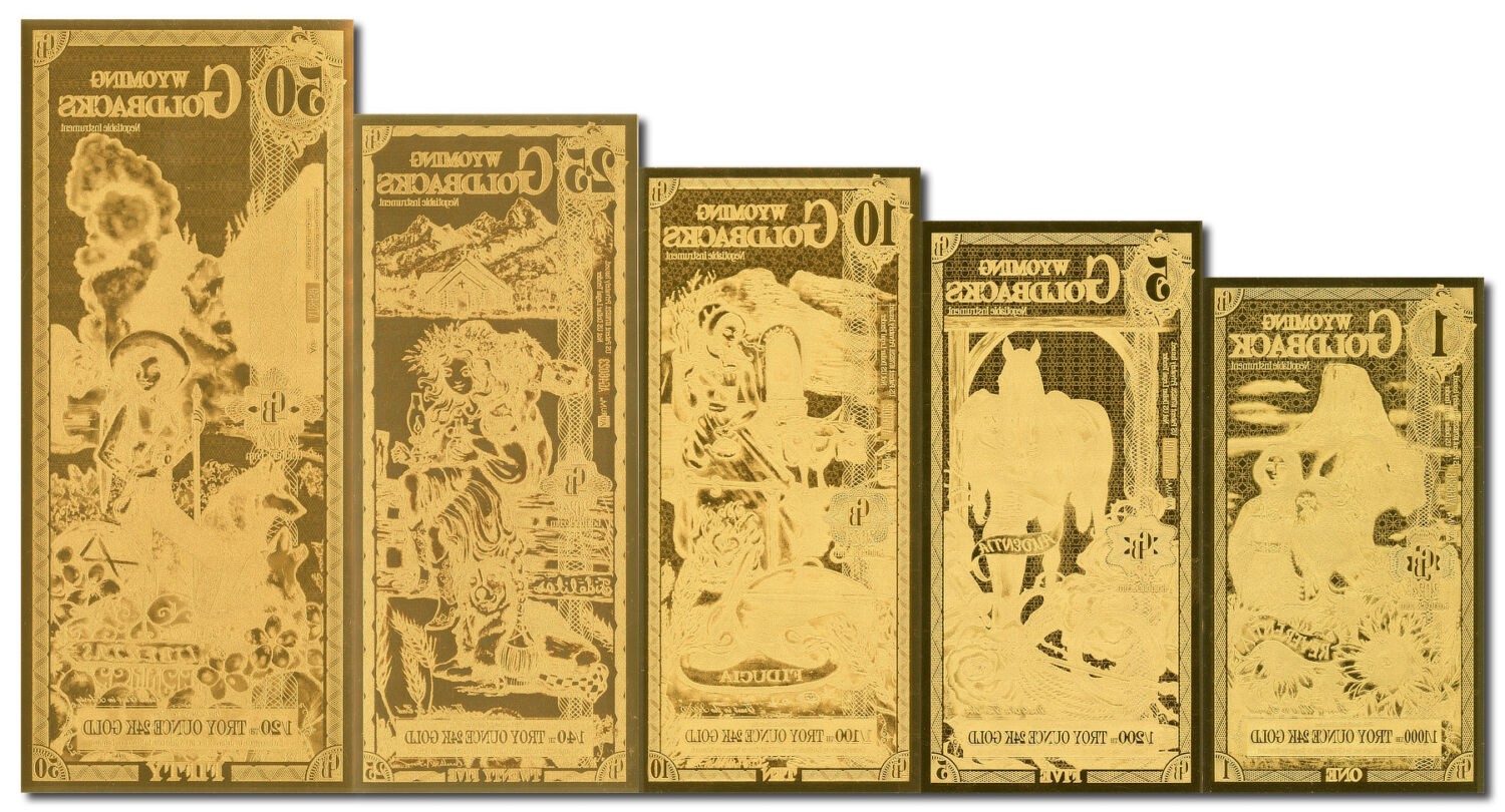2024 Aurum 1, 5, 10, 25, & 50 GB Wyoming 24K Gold Note Ltd. Ed. Goldback 5pc Set