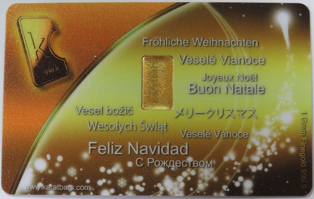 MERRY CHRISTMAS TREE 1 GRAM DESGUSSA KARATBARS 1g GOLD 999.9 BAR IN CARD