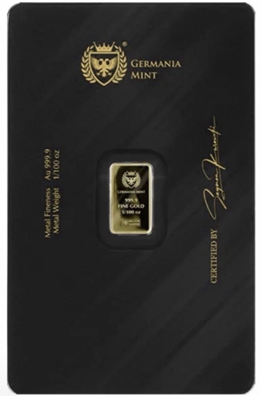 Germania Mint 1/100 oz 999.9 Fine Gold Stamped Bar in Assay Card