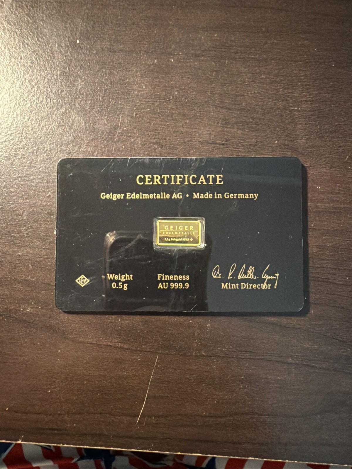 Geiger Schloss Guldengossa Vintage Edition Carded Gold Bar .5 Gram .999 Fine