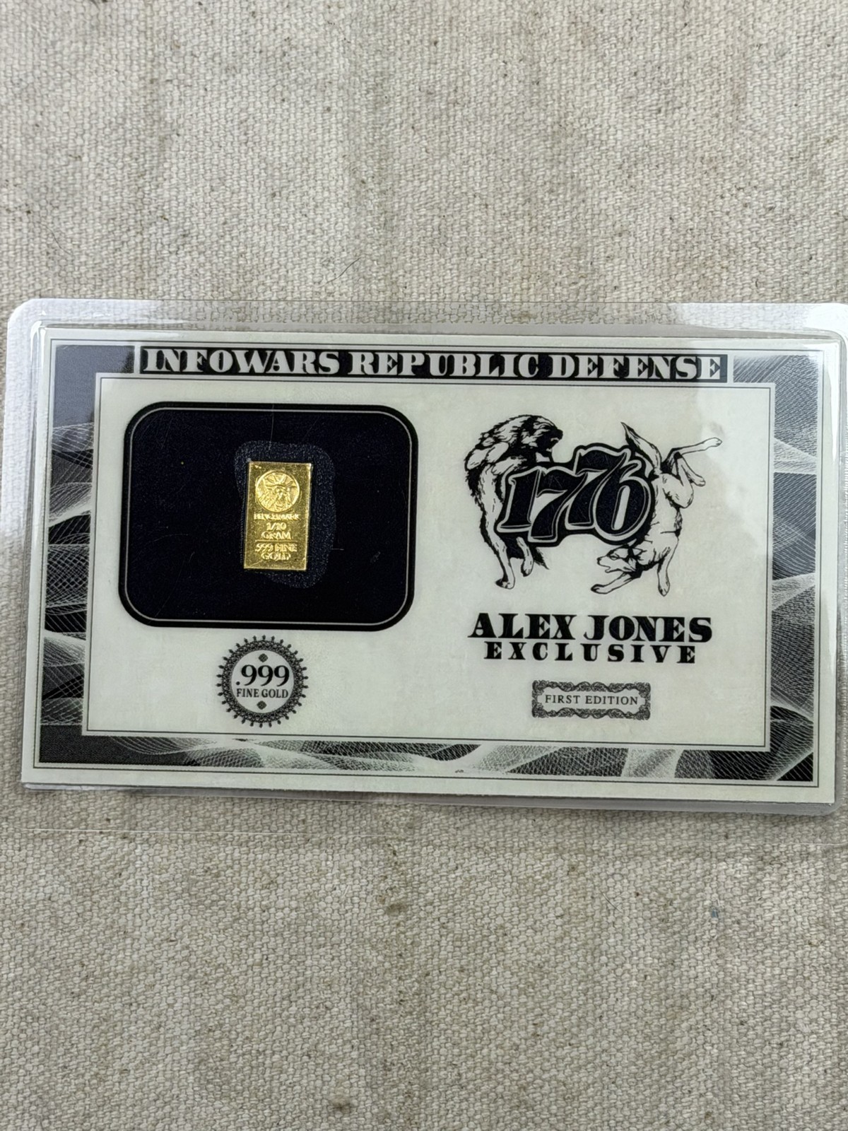 1/10 gram .999 Fine Gold Alex Jones “Infowars Republic Defense” 1776 card