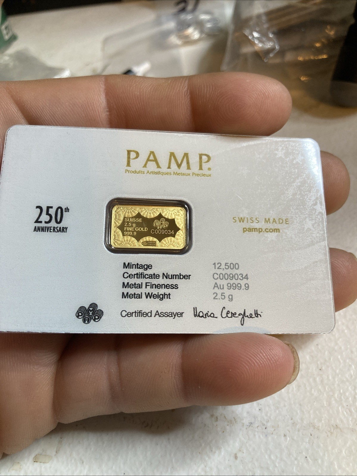 PAMP 2.5g .9999 Gold Bar in Assay Card 250th Anniversary USA 2026