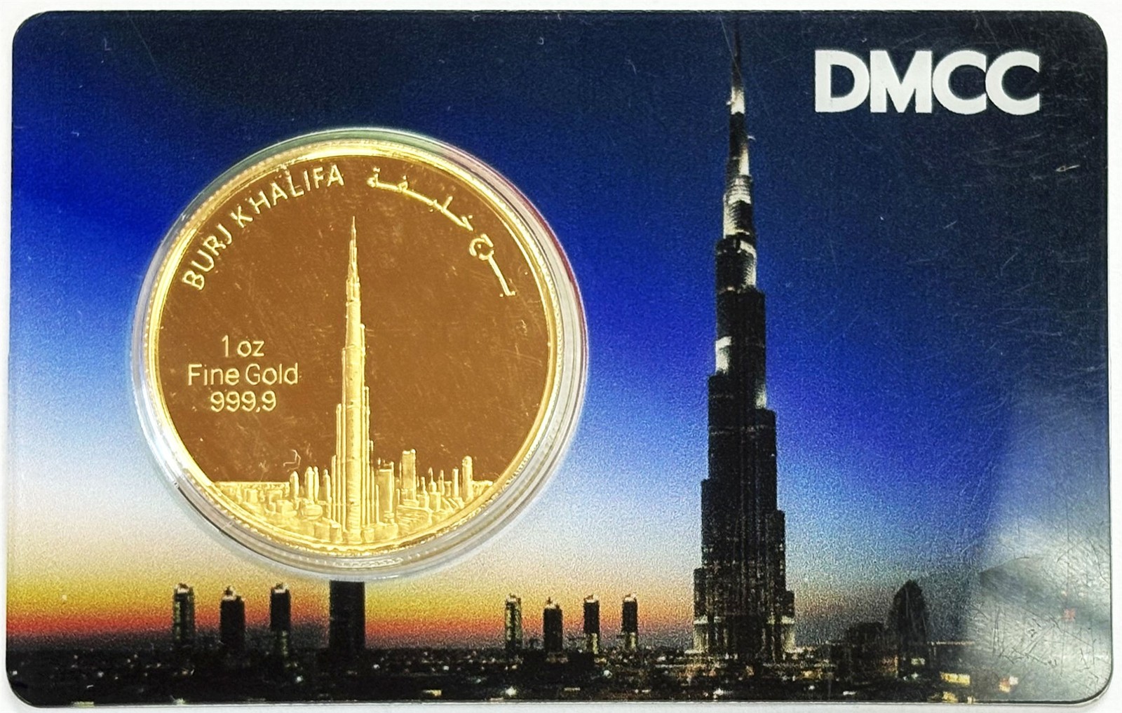 DUBAI DMCC BURJ KHALIFA 1 OZ GOLD .9999 FINE SEALED ROUND IN ASSAY CARD