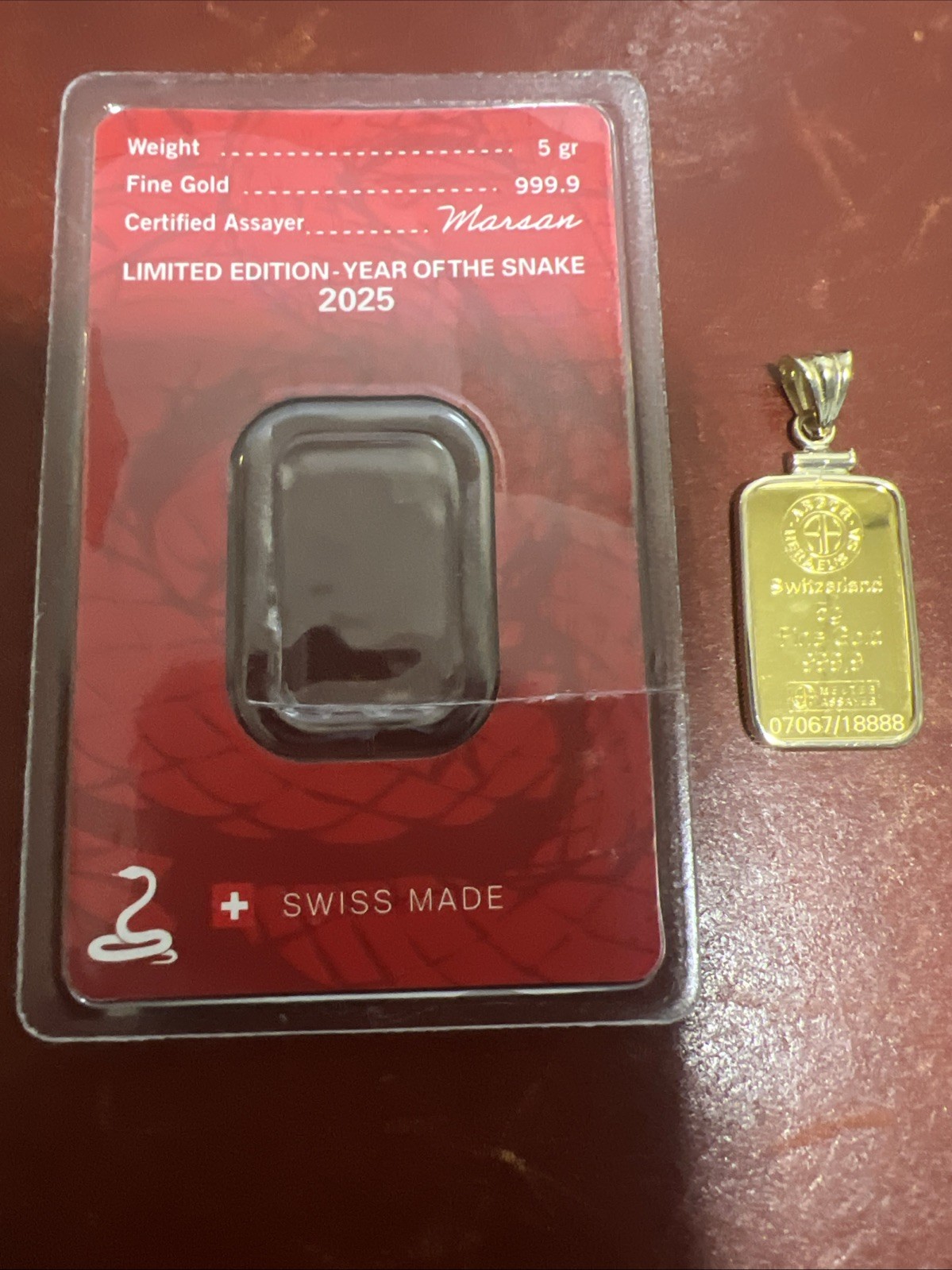 2025/24K/5G. Argor Heraeus Lunar Snake Gold Bar & FREE WITH PURCHASE 14k BEZEL!