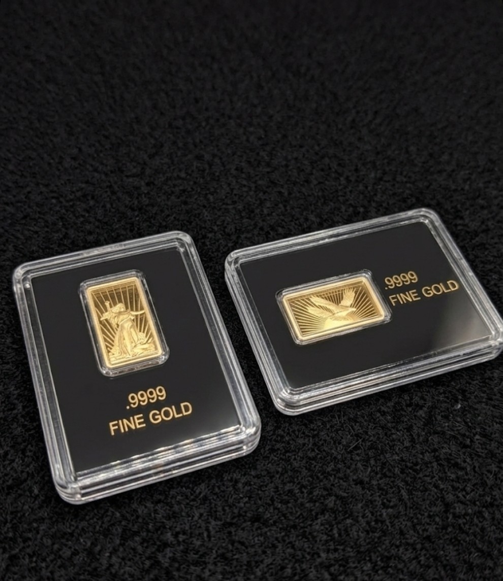 Lot of 2 – .9999 Fine Gold Bars In Assay Walking Liberty & Double Eagle 1/50oz