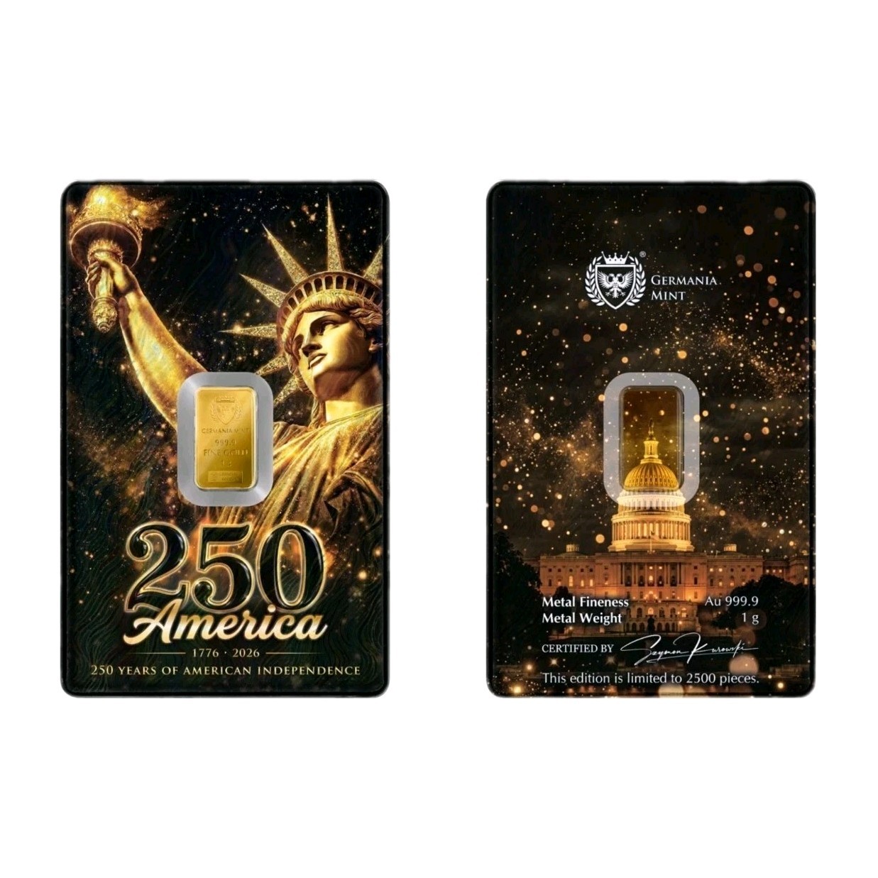 1g Gold Bar American Independence Germania Mint 999.9 Fine Gold NEW