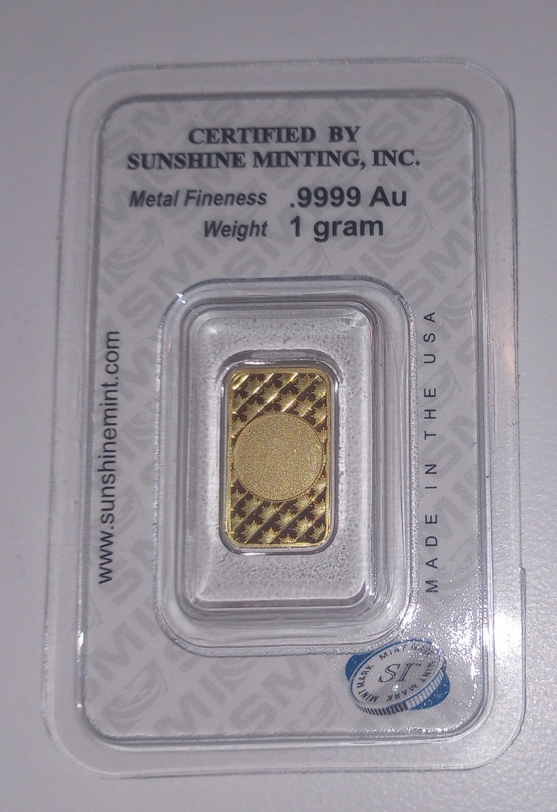 Sunshine Mining Inc (SMI) 1 Gram 999.9 Gold Bar Sealed w/Assay Certificate