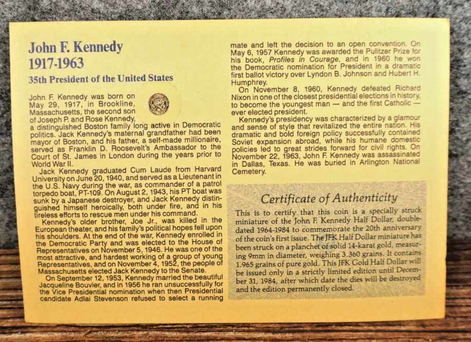 JFK 20th Anniversary Tribute, 14K GOLD Miniature Half Dollar & COA, 1964 – 1984