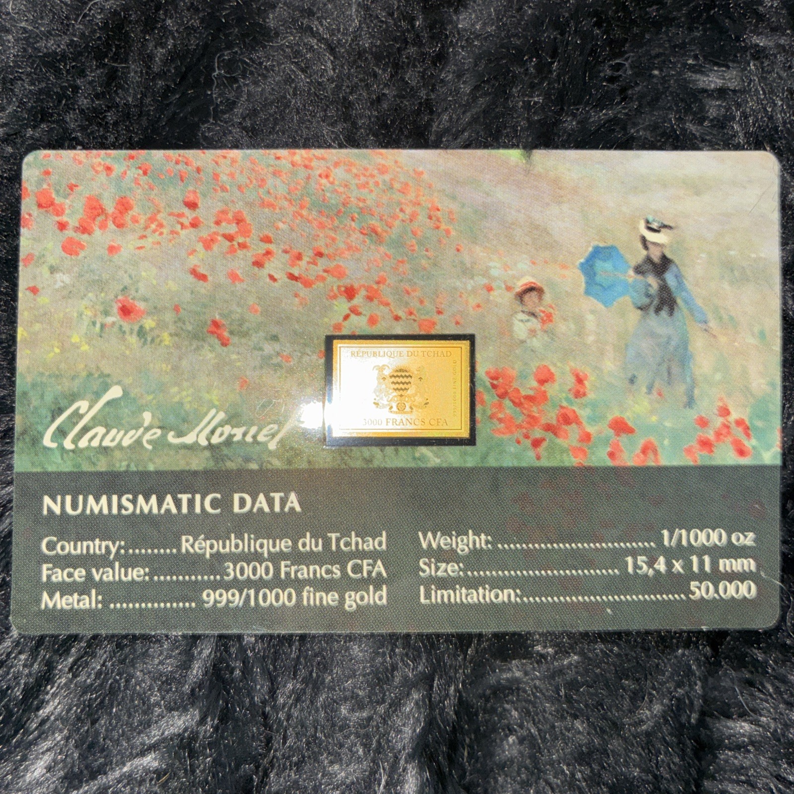 Monet The Poppy Field near Argenteuil 1/1000 Oz Gold Coin 3000 Francs Chad 2024