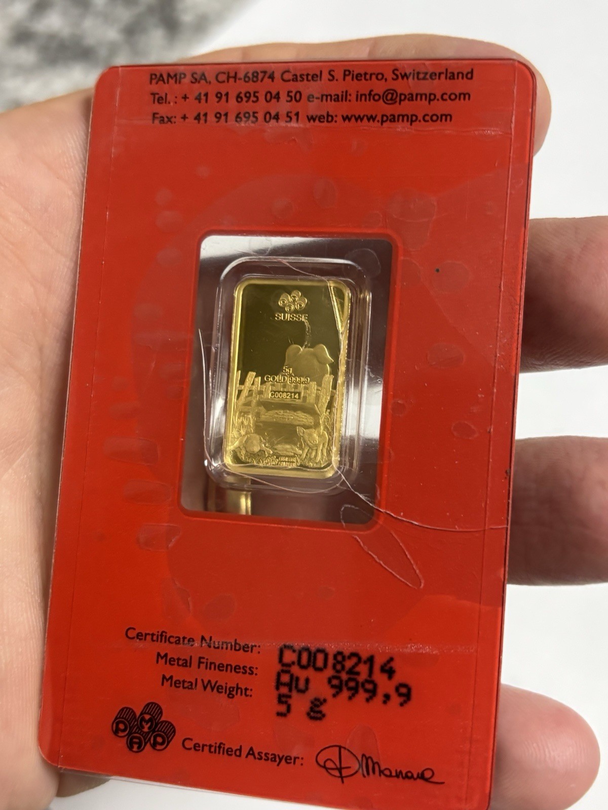 5 GRAM GOLD BAR ✪ PAMP SUISSE LUNAR PIG ASSAY CRACKED