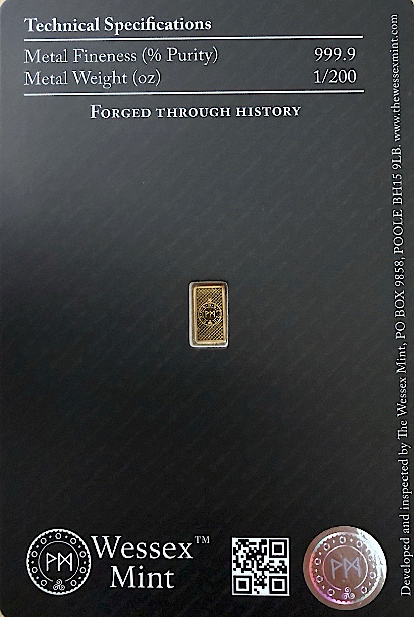 Britannia 1/200th oz Fine Gold 999.9 Bullion Bar ingot in Blister by Wessex Mint