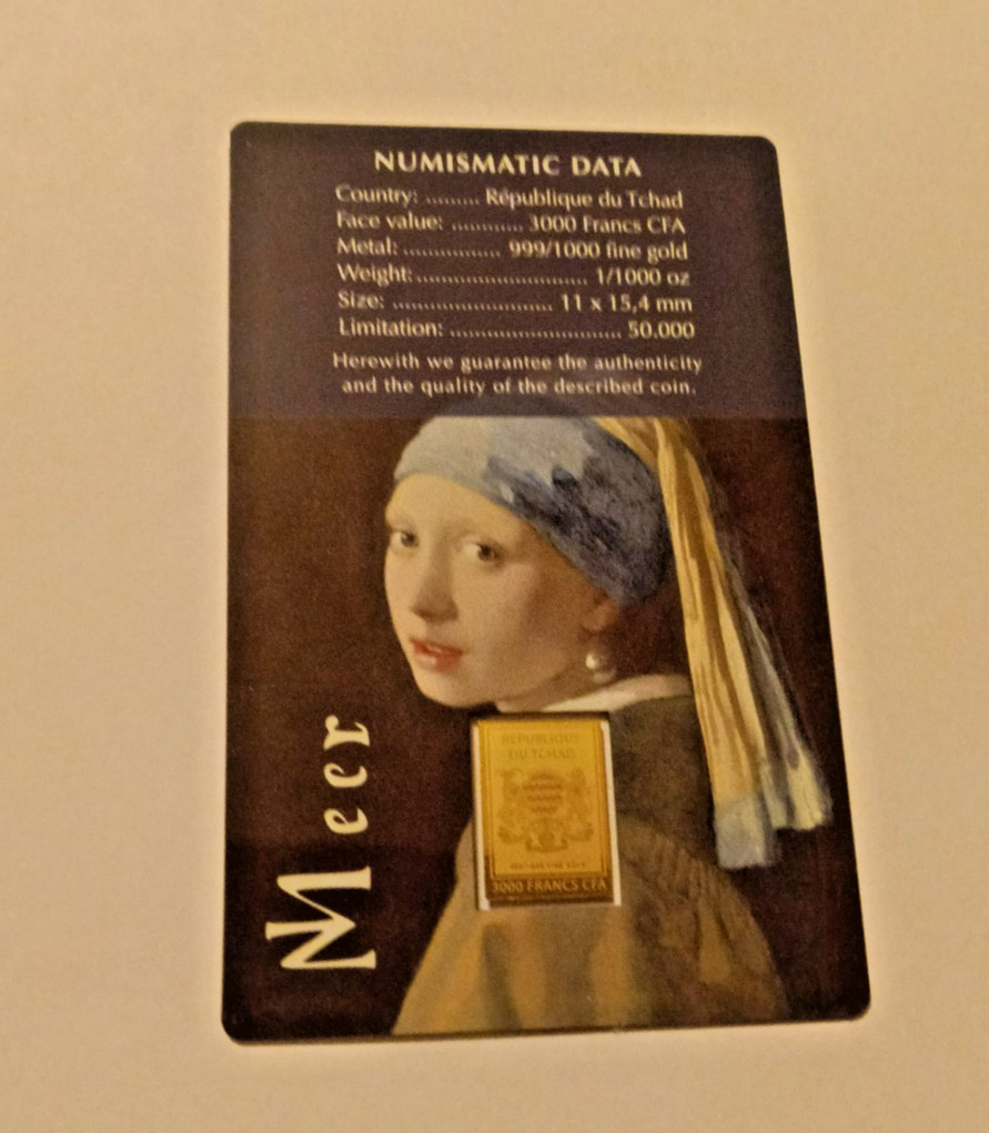 1/1000th oz, 24k gold coin bar Girl with the Pearl Earing by Jan Vermeer