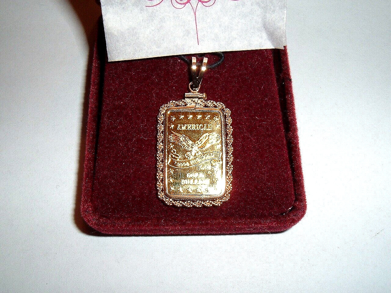 1/10 oz 24K GOLD 999.9 FINE INGOT BAR w / 14K ROPE BEZEL PENDANT CHAIN NECKLACE