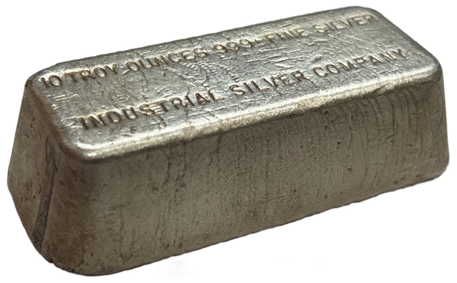 c. 1970’S INDUSTRIAL SILVER COMPANY 10 TROY OZ .999+ FINE POURED BAR / INGOT