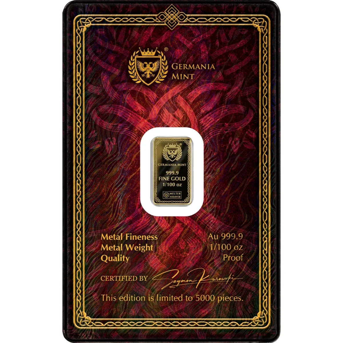 Germania Mint 1/100oz .9999 Fine Gold Bar Proof – Limited Edition Of 5000