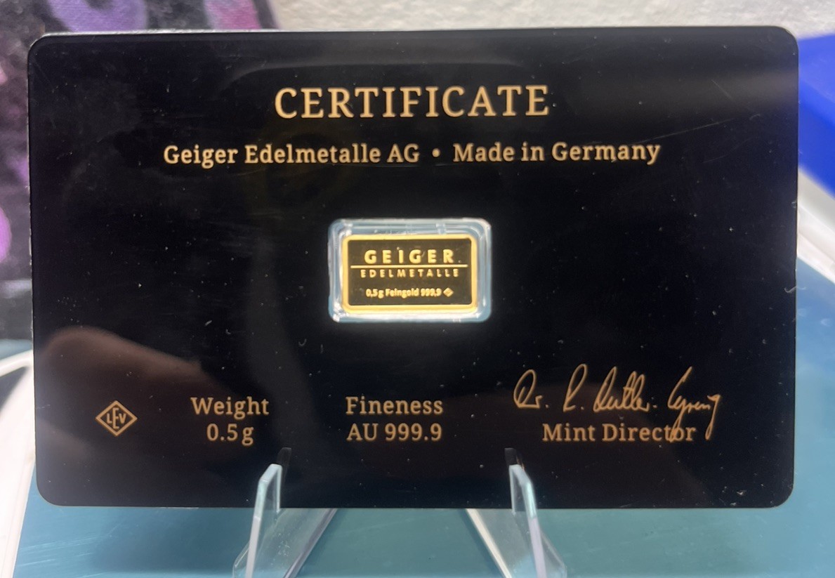 Geiger Schloss Guldengossa Vintage Edition .9999 Fine Gold Bar .5 Gram Card 1/2g