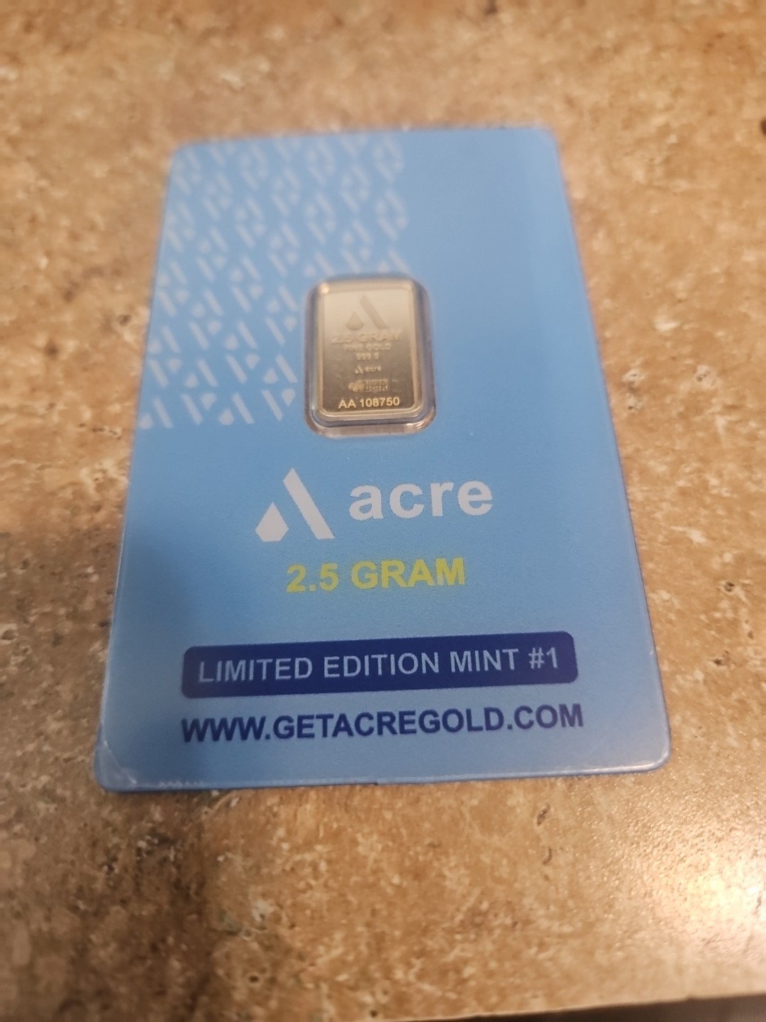 2.5 Gram .999 Fine Gold Acre Bar Assay Original