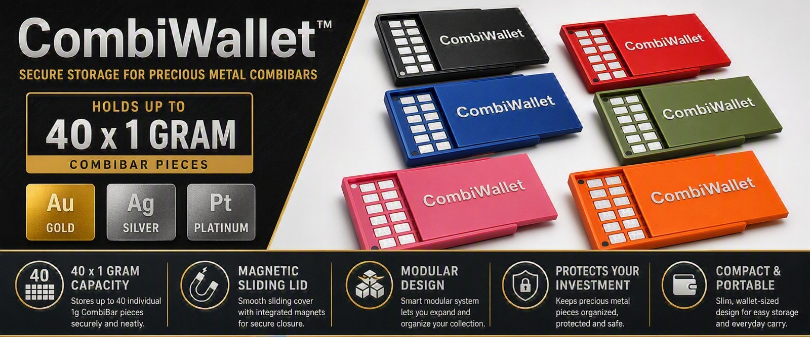 Valcambi Combibar Gold Platinum Silver CombiWallet, Holds 40 1 Gram Combibars