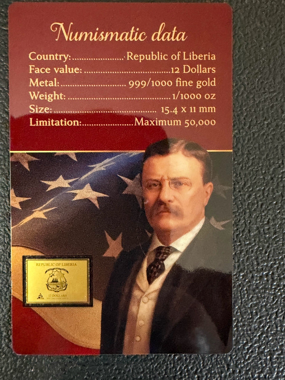 Theodor Roosevelt 1/1000 Oz .999 Fine Gold Coin Liberia in Card 50,000 Mintage