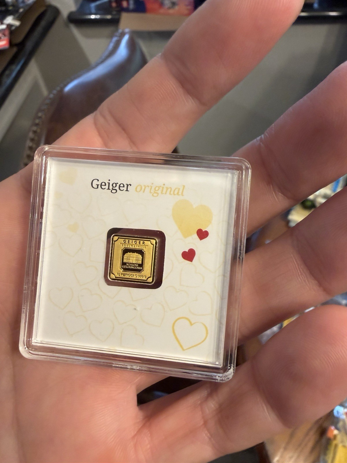 GOLD GEIGER EDELMETALLE VALENTINE 1 GRAM .9999 SQUARE BAR SEALED INGOT IN ASSAY