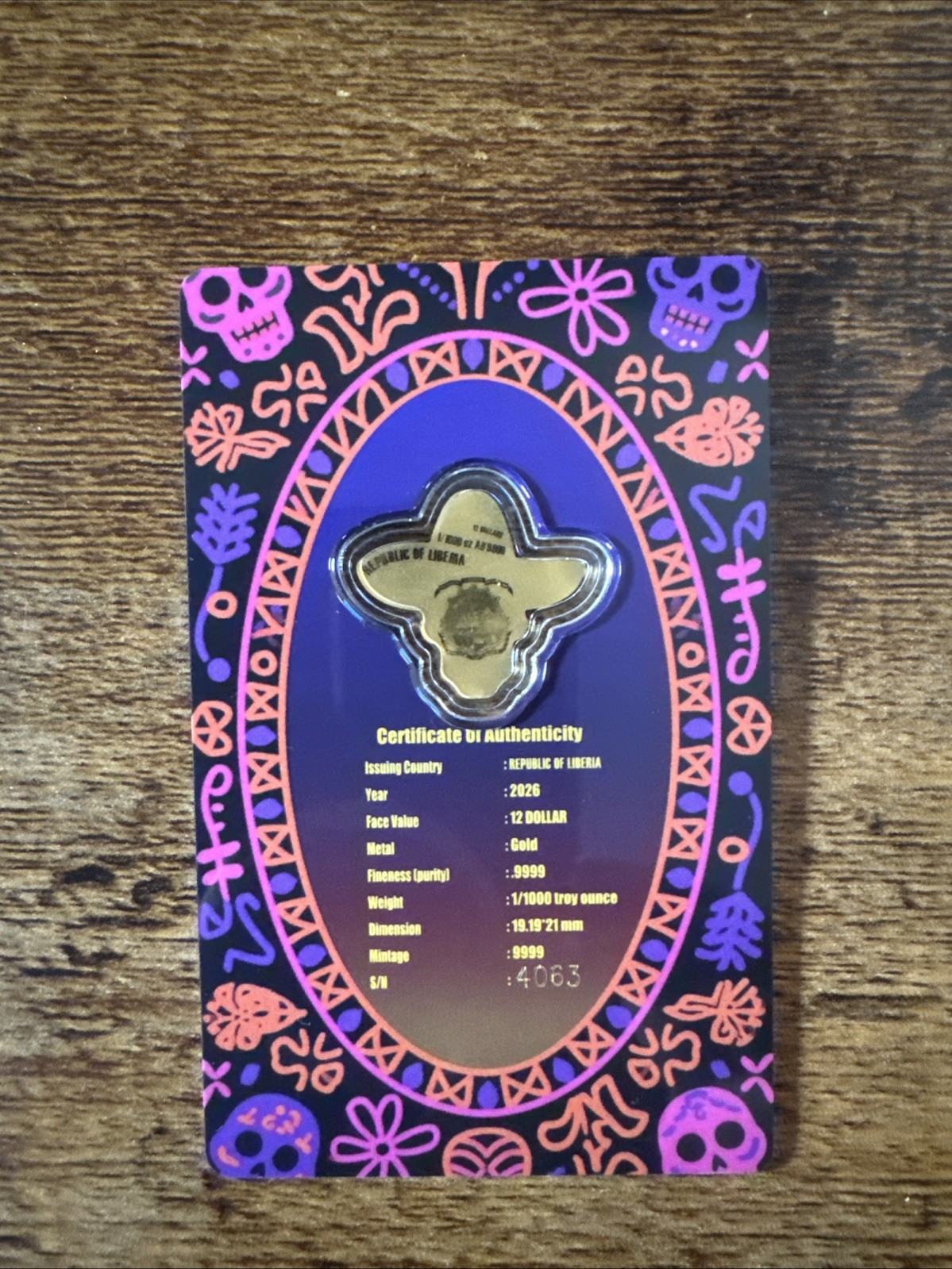 2026 Liberia 1/1000th Gold Carded Dia De Los Muertos Special Shaped with Capsule