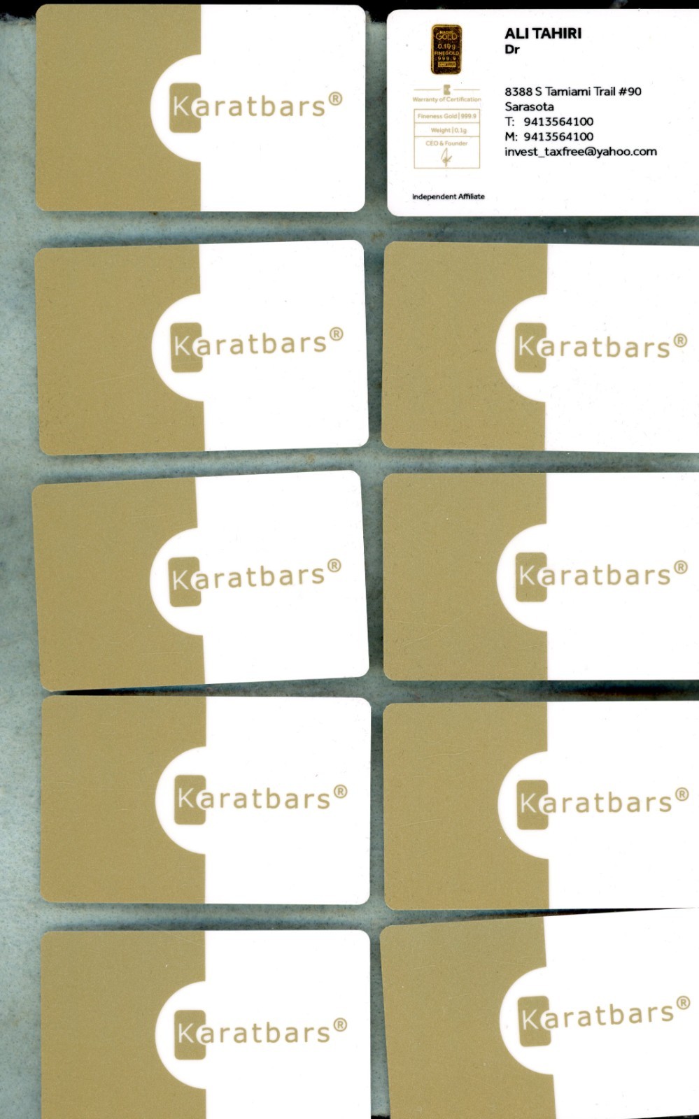 KARATBARS ~ 1/10th gram 999.9 GOLD BAR LOT ~ ON CARD ~ (10pcs.)