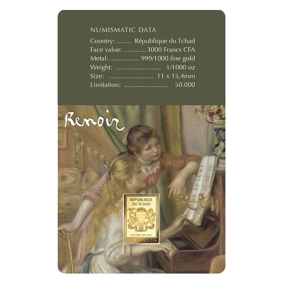 Renoir Young Girls at the Piano 1/1000 Oz 24k Gold 999 Coin card Chad 2024