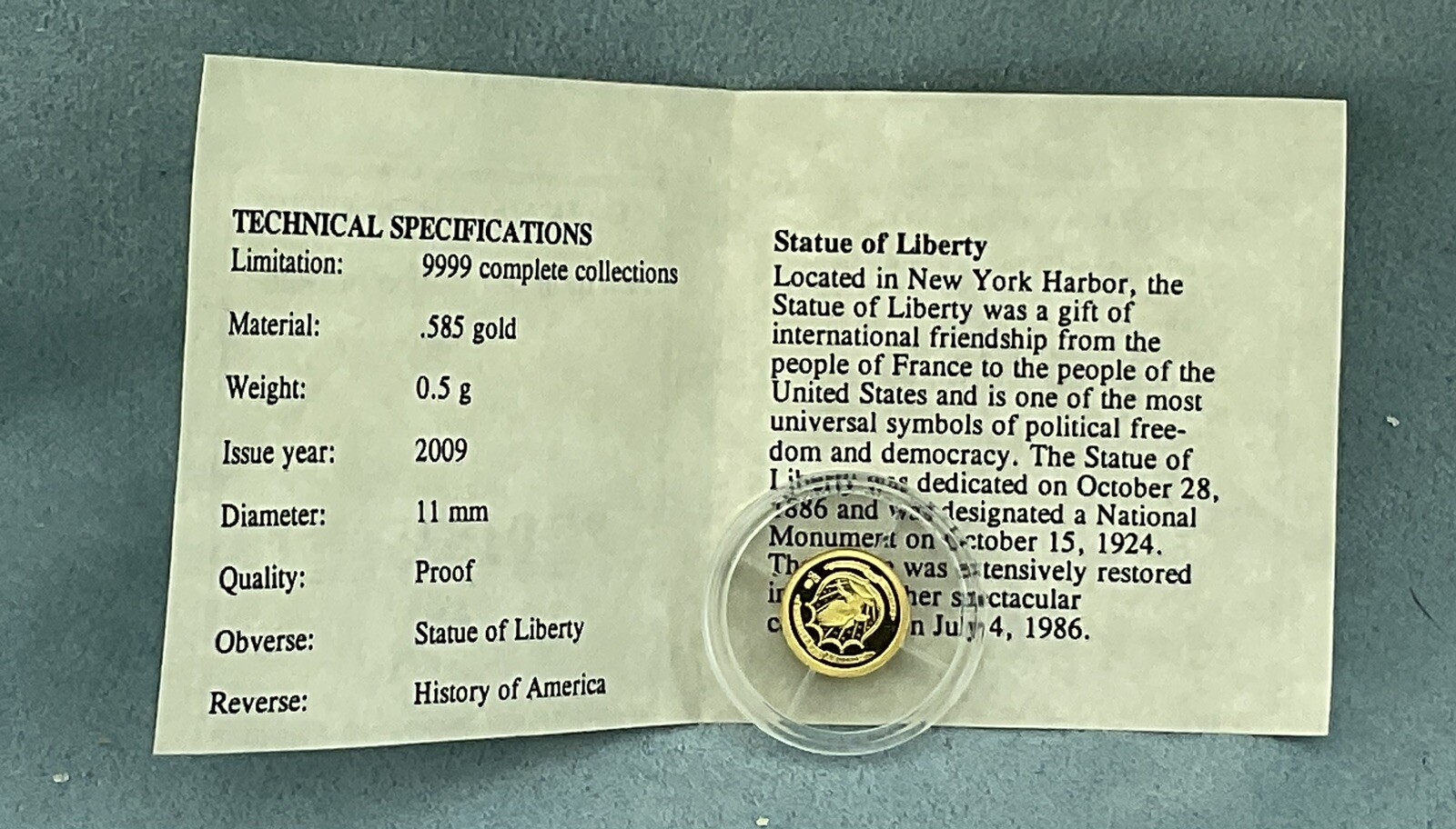 American Mint 0.5 Gram 14K Gold Proof Round Symbols of Freedom-Statue of Liberty