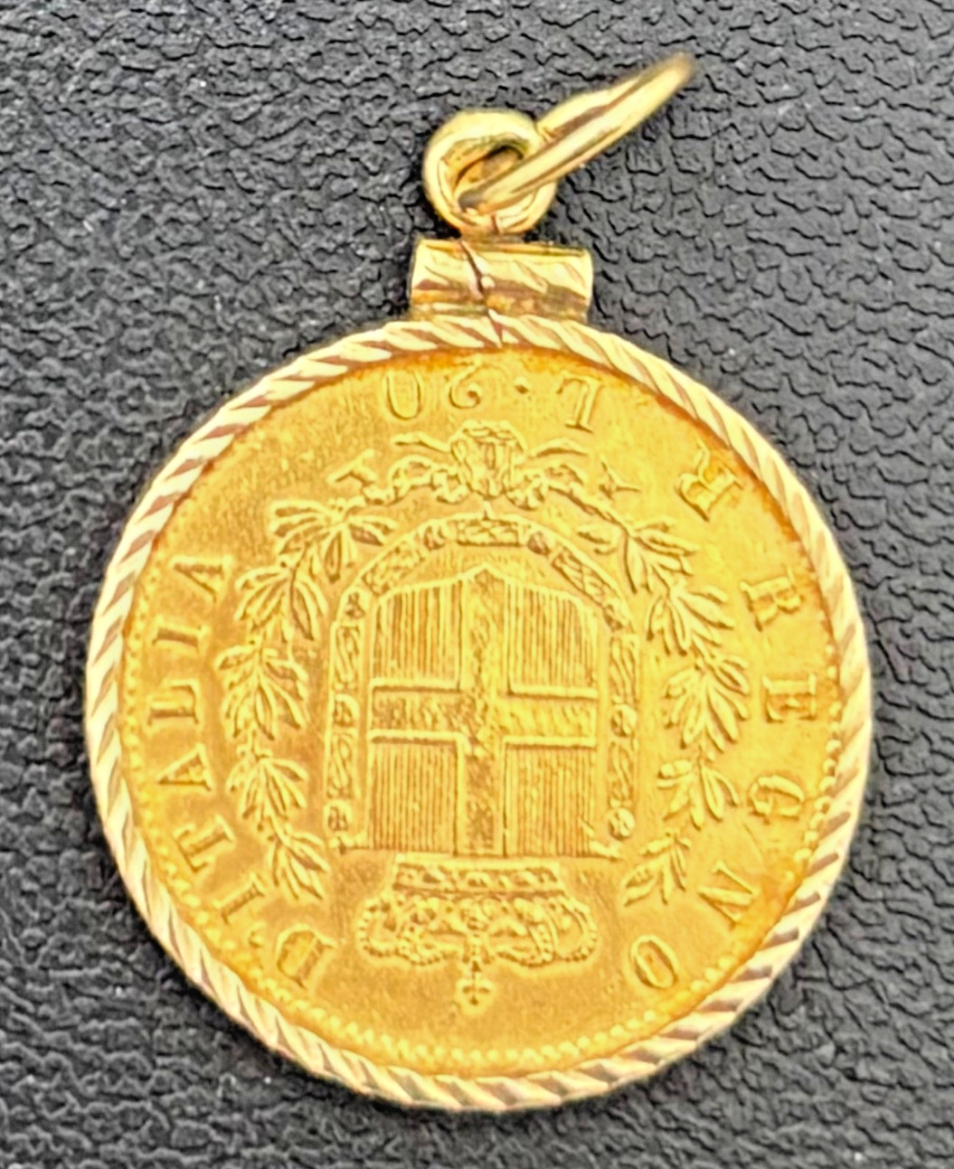 1877 Italy 20 Lire 90% Gold Coin in 14kt Yellow Gold Bezel Pendant 5mm Bale