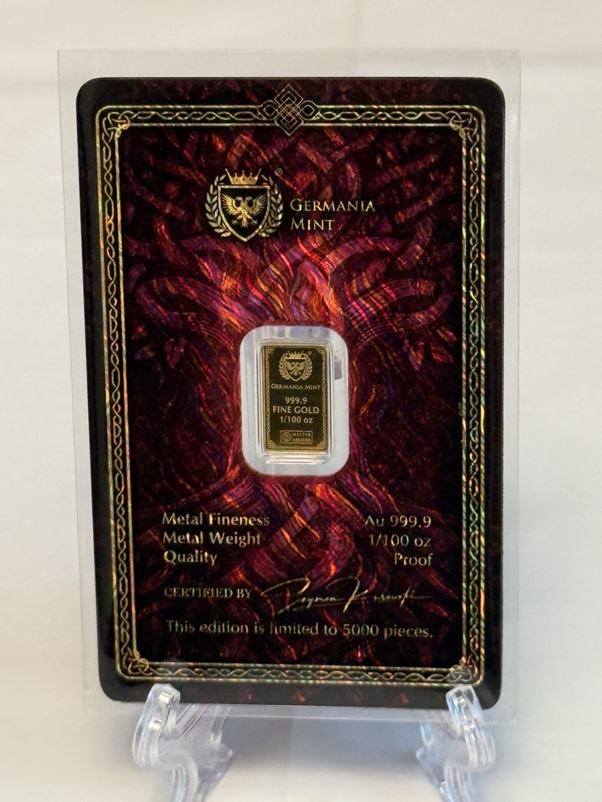 GERMANIA MINT 1/100 oz. .999 FINE GOLD PROOF FRIGG BAR IN ASSAY CARD