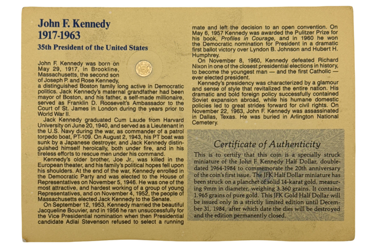 JFK 20TH ANNIVERSARY TRIBUTE SOLID 14K GOLD HALF DOLLARS COA ( ON CARD BACK)