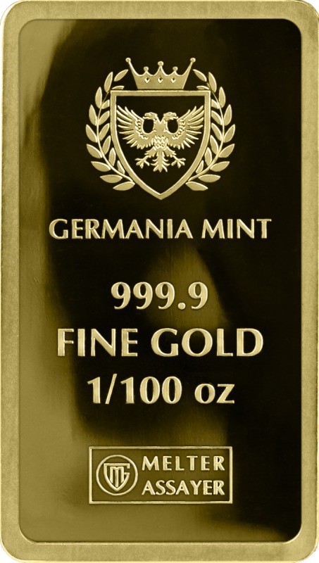 Germania Mint 1/100 Gold Lady Germania Stamped Proof Bar in Card
