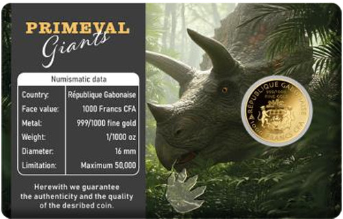 Triceratops Dinosaur Primeval Giants 1/1000 Oz Gold 999 Coin card