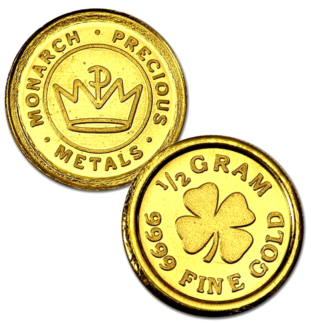 LOT 10 X 1/2 GRAM MONARCH LUCKY FOUR LEAF CLOVER .9999 GOLD ROUNDS IN CAPSULE BU