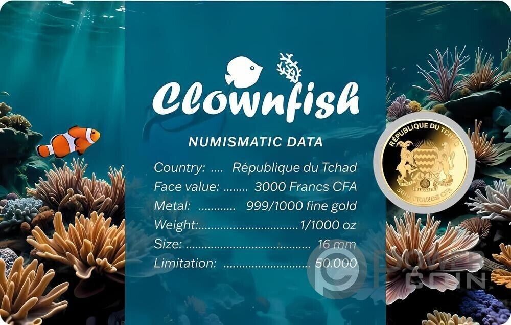 CLOWNFISH 1/1000 Oz Gold coin 3000 Francs Chad 2024