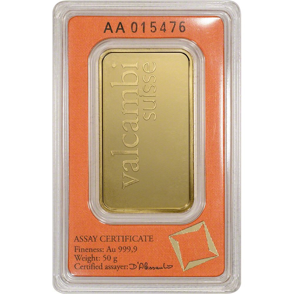 50 gram Gold Bar – Valcambi Suisse – 999.9 Fine in Sealed Assay