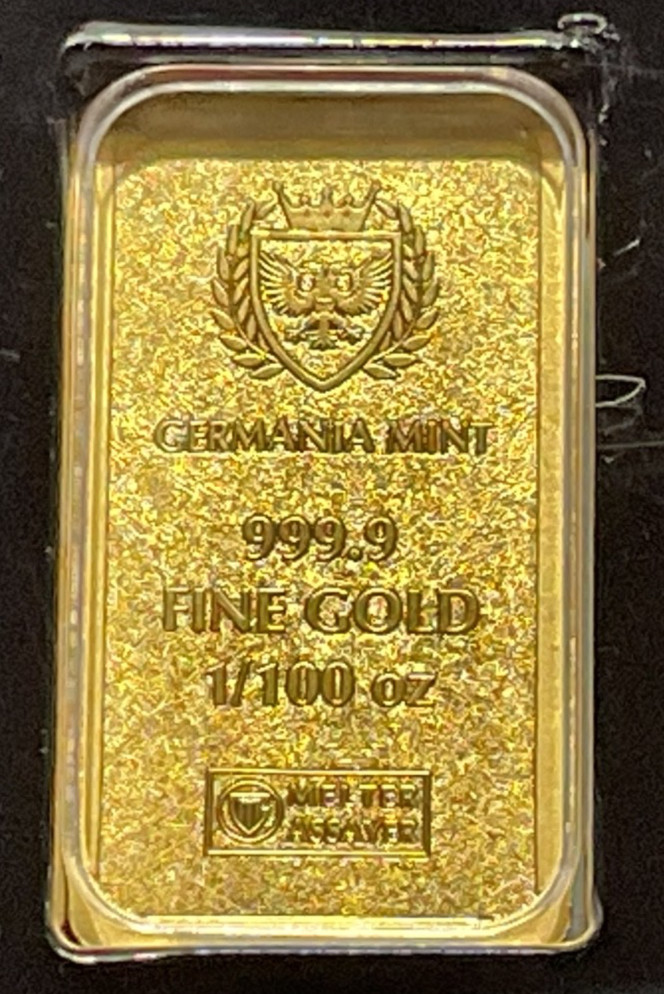 Germania Mint 1/100 oz Gold Bar in Plastic Capsule